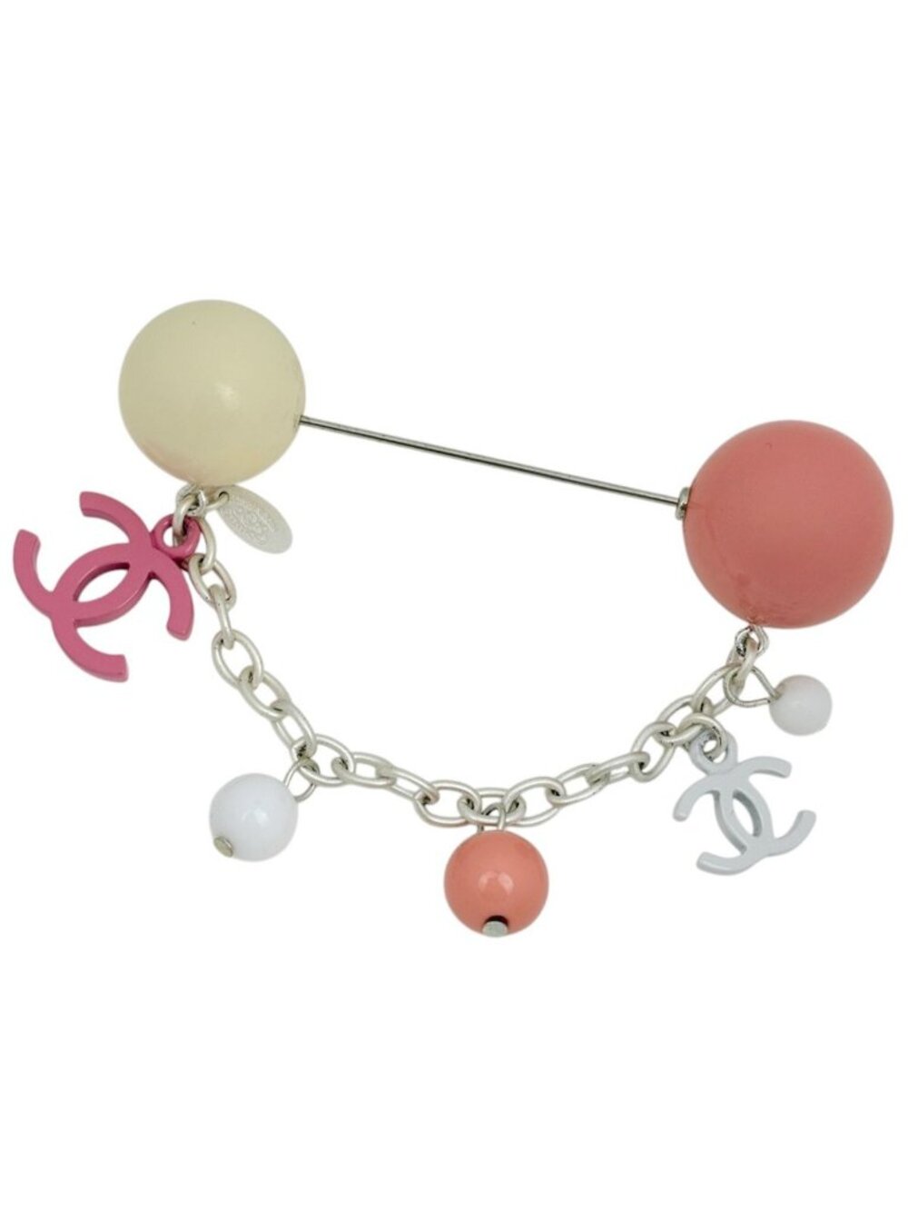 Chanel Brooch CC Logo Pin Silver Plated Pink White